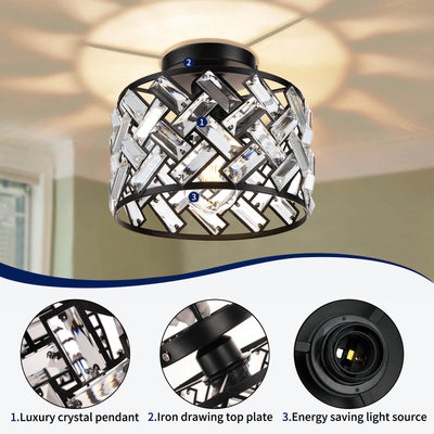 Modern Minimalist Round Metal Crystal 1-Light Semi-Flush Mount Ceiling Light For Living Room