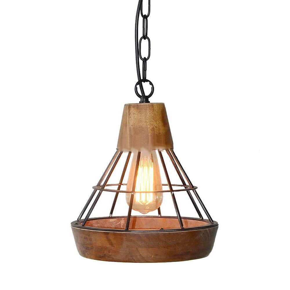 Französische industrielle Schmiedeeisen-Holz-Trichterrahmen 1-Licht-Pendelleuchte 