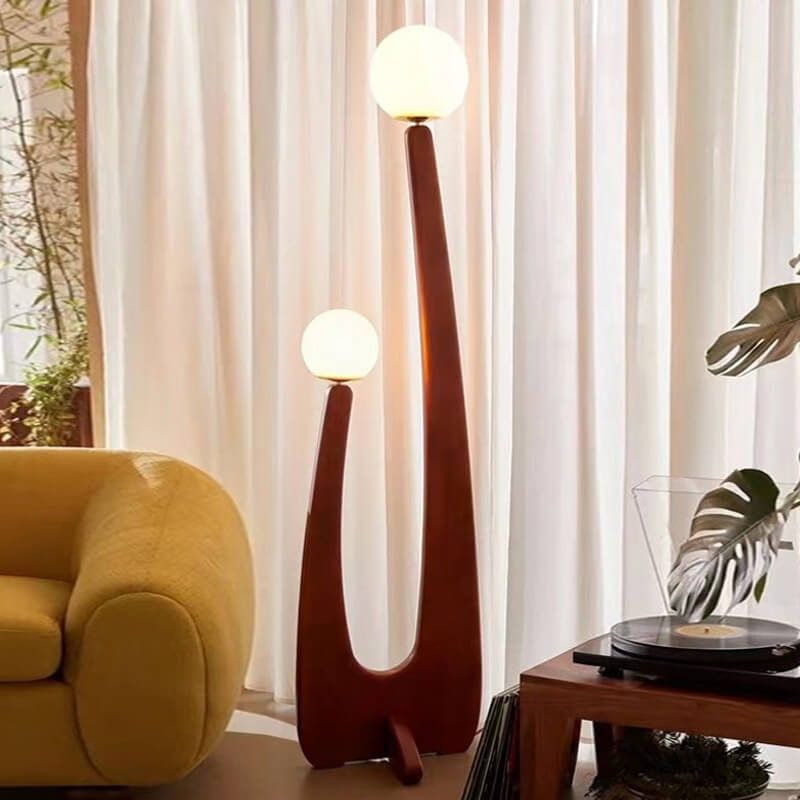 Moderner minimalistischer Walnuss-Massivholz-Glaskugel 2-Licht Stehende Stehlampe 