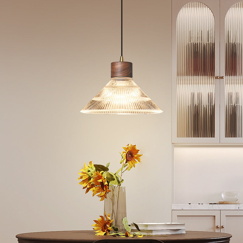 Traditionelle chinesische Pendelleuchte aus Eisen, Walnuss und Glas, konisch, schirmförmig, 1 Licht, für Esszimmer 