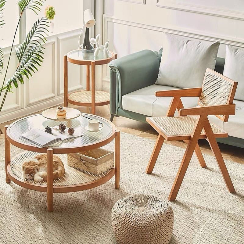 Table basse ronde minimaliste moderne en hévéa avec plateau en verre et faux rotin, à 2 niveaux, pour salon 