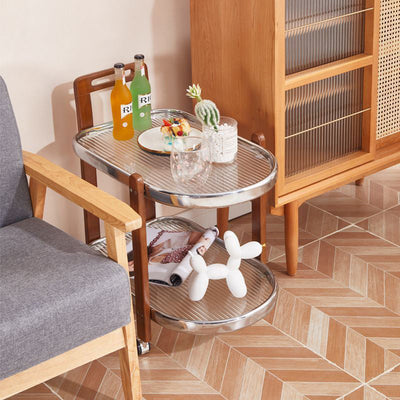 Traditioneller ovaler abnehmbarer Holztisch aus Edelstahl und Glas mit 2 Ebenen für das Wohnzimmer 
