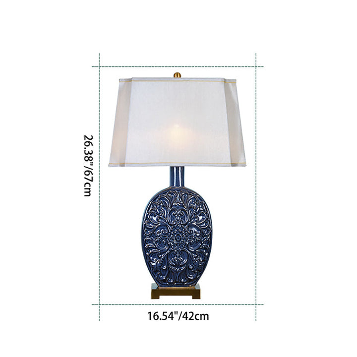 Traditional Chinese Oval Ceramic Fabric Lampshade Copper Base 1-Light Table Lamp For Living Room