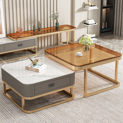 Table basse moderne minimaliste carrée en dalle de roche, verre et métal, avec 1 tiroir pour le salon 