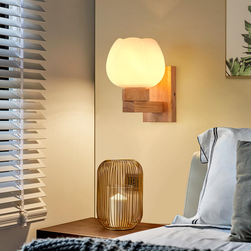 Modern Minimalist Rubberwood Glass Iron Geometric Design 1-Light Wall Sconce Lamp For Living Room &amp; Bedroom