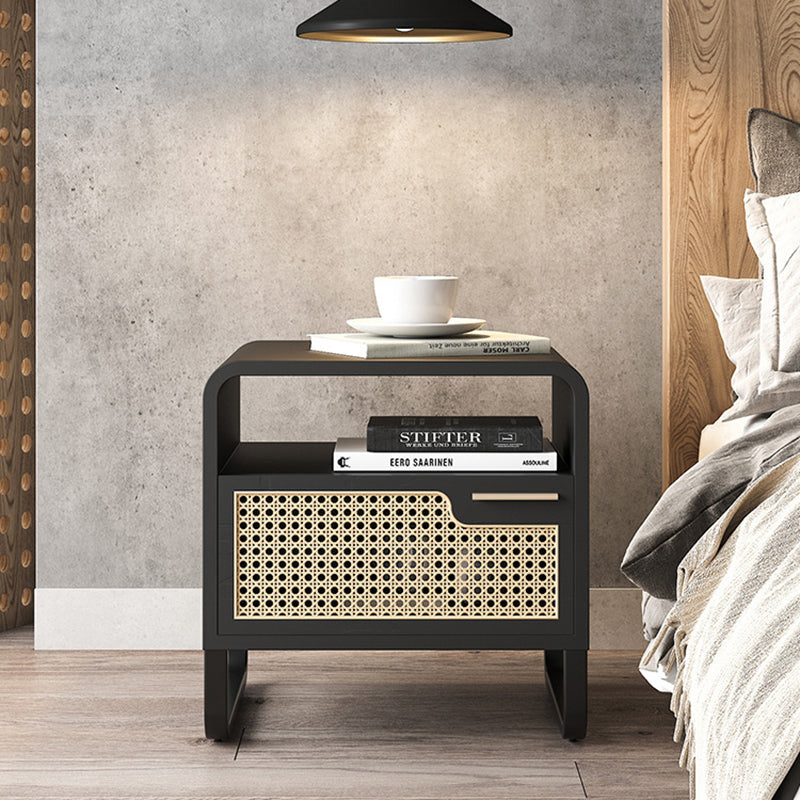 Table de chevet moderne minimaliste rectangulaire en bois massif avec rotin 1 tiroir pour chambre 