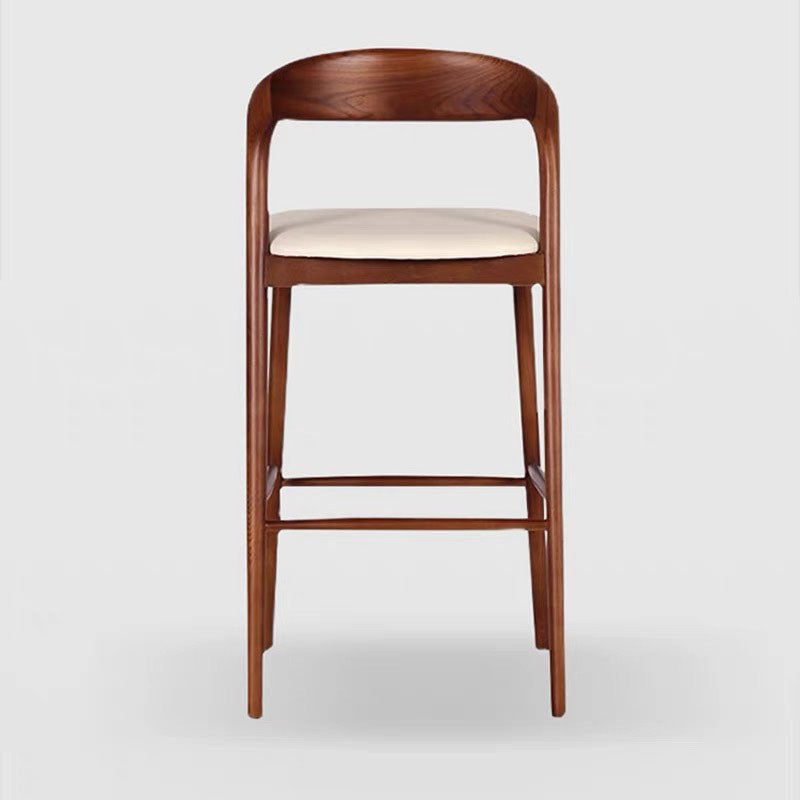 Tabouret de bar contemporain rétro à cadre carré en bois massif, revêtu de similicuir, dossier bas et repose-pieds pour salle à manger 