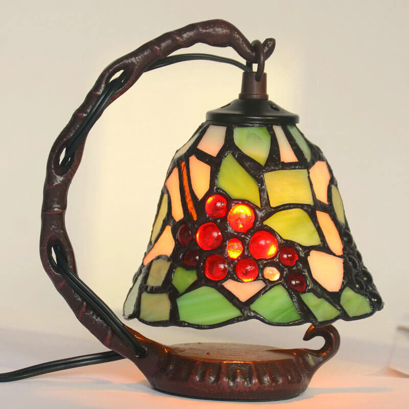 Vintage Tiffany Trauben Buntglas Metallbasis 1-Licht Tischlampe 