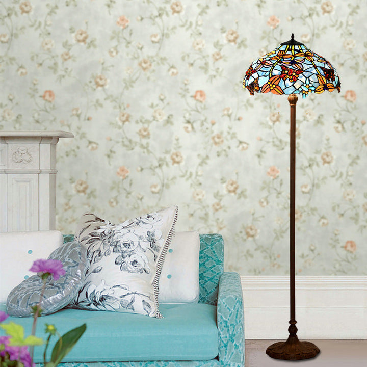 Lámpara de pie de 2 luces con decoración tradicional de mariposa Tiffany de vidrio teñido para estudio 
