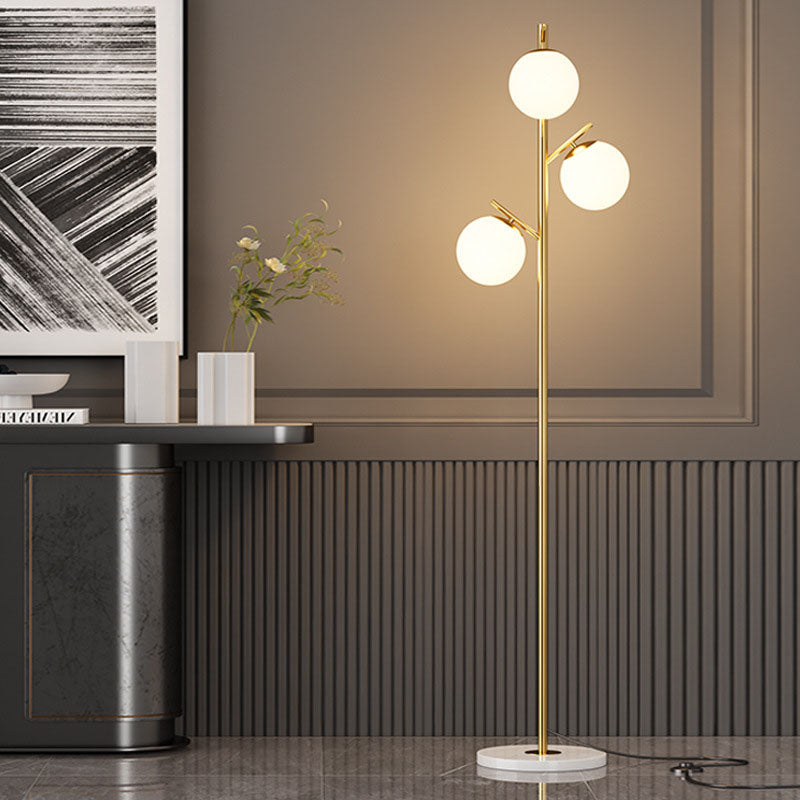 Contemporary Scandinavian Orb Pillar Metal Marble Glass 3-Light Standing Floor Lamp For Living Room