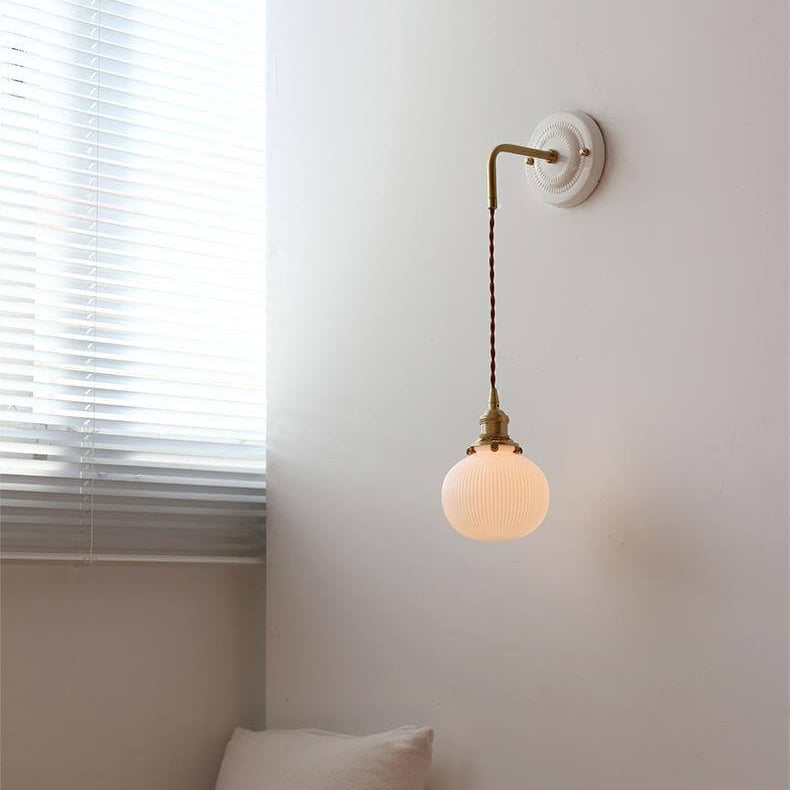 Modern Minimalist Round Glass Iron Ceramic Base 1-Light Wall Sconce Lamp For Living Room &amp; Bedroom