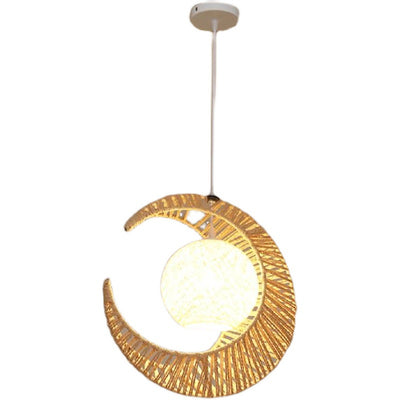 Contemporary Creative Crescent Moon Hemp Rope Weaving Shade 1-Light Pendant Light For Living Room
