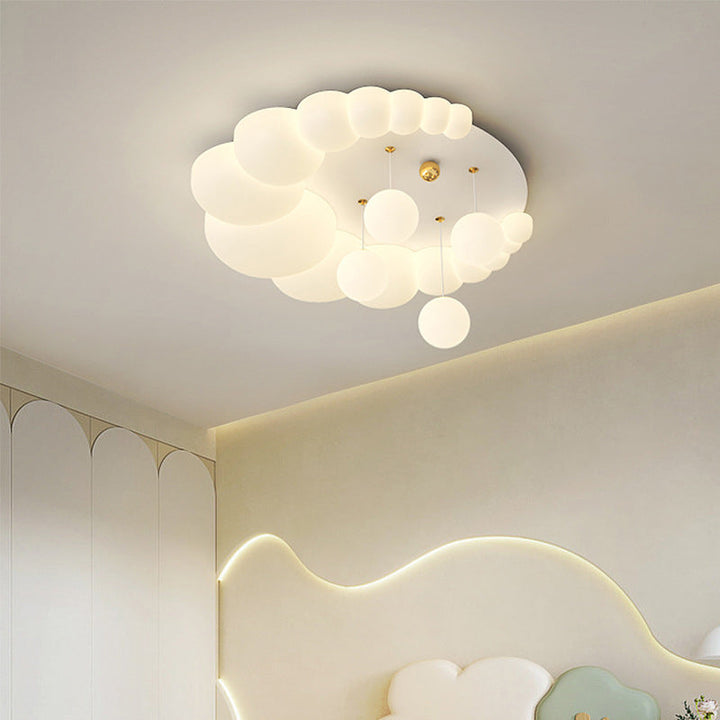 Modern Art Deco Oval Cream Bubble Flower Moon PE Iron LED Flush Mount Ceiling Light For Living Room