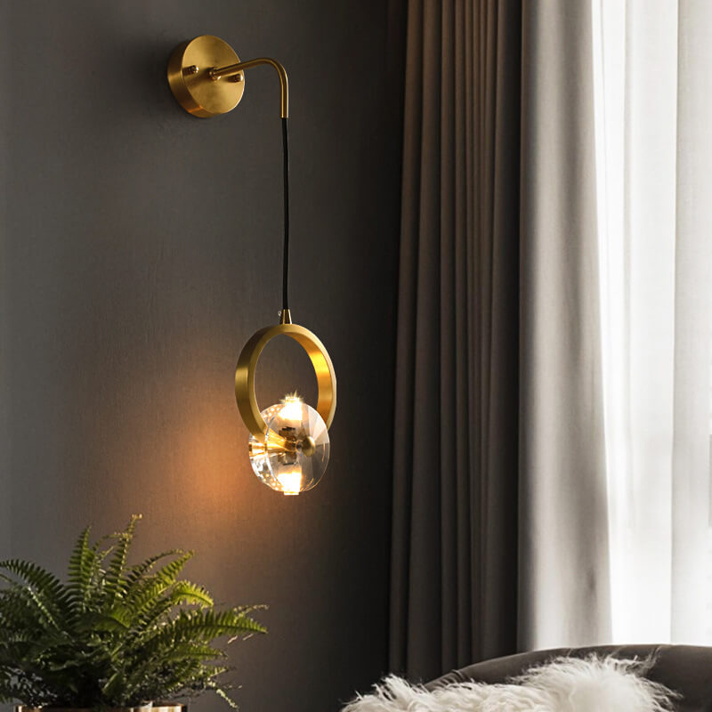 Moderne goldene Glamour-Kupfer-Kreis-Ring-Kristall 1-Licht-Wandleuchte 