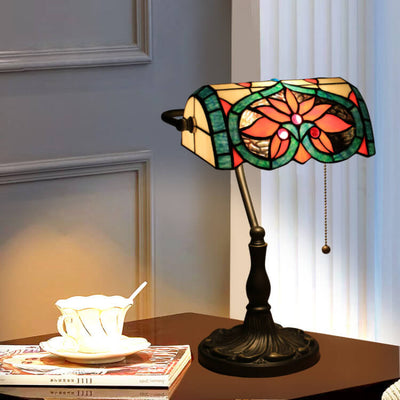 Tiffany Vintage Floral Peach Heart Stained Glass 1-Light Bank Table Lamp