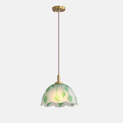 Traditionelle französische Pendelleuchte mit Schale und Blättern, Kupferglas, 1 Licht, für Esszimmer 