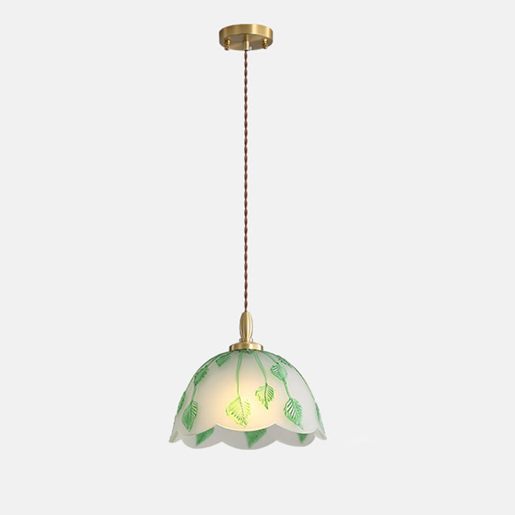 Traditionelle französische Pendelleuchte mit Schale und Blättern, Kupferglas, 1 Licht, für Esszimmer 