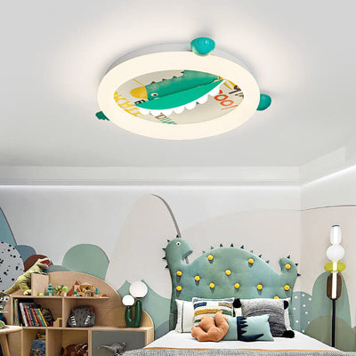Contemporary Creative Kids Round Dinosaur Iron Acrylic Plastic LED Ceiling Light For Bedroom