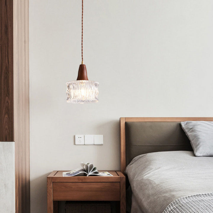 Moderne Übergangswalnuss Messing Runde Glasschirm 1-Licht Pendelleuchte Für Wohnzimmer 