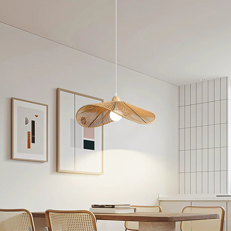 Traditionelle Vintage Holz Papier Seil Weben Strohhut Form 1-Licht Pendelleuchte für Wohnzimmer 