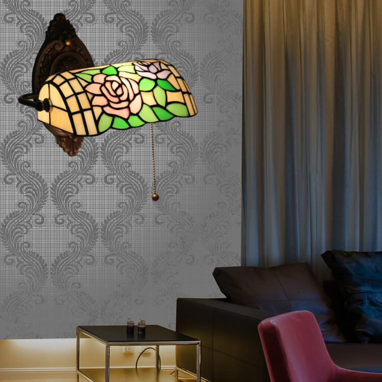 Traditional Vintage Tiffany Floral Stained Glass 1-Light Zipper Wall Sconce Lamp For Living Room