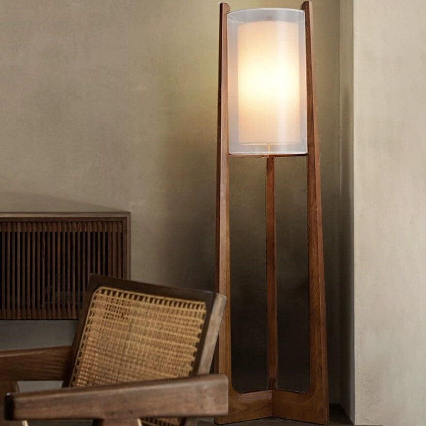 Traditional Japanese Solid Wood Brass Fabric Column 1-Light Standing Floor Lamp For Living Room And Bedroom
