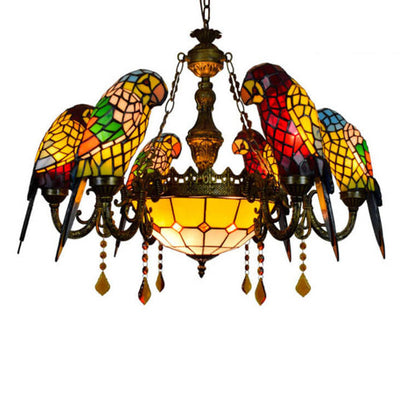 Tiffany Light Luxury Stained Glass Parrot 8-Light Chandelier
