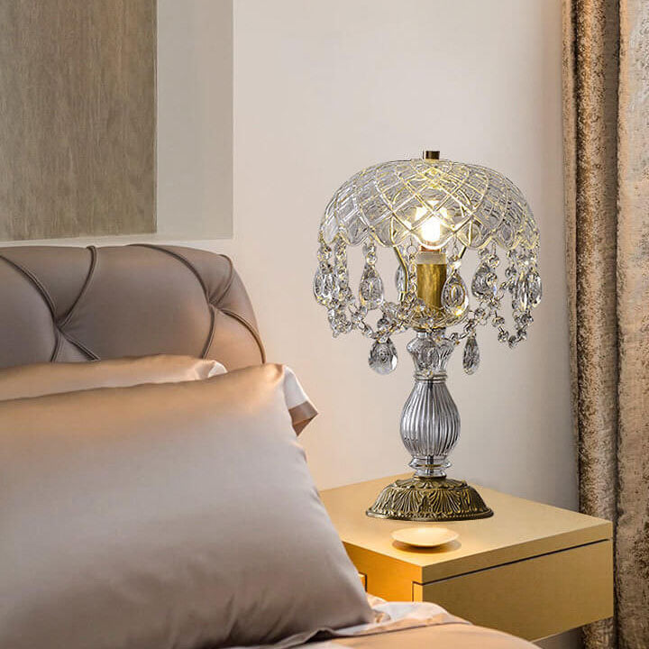 Modern Luxury Clear Glass Crystal Round Tassel Copper 1-Light Table Lamp for Bedroom