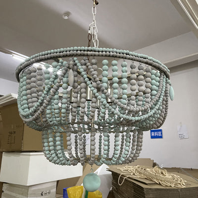 Lustre traditionnel rustique lanterne sphérique en fer et perles de bois à 4 lumières pour salon 
