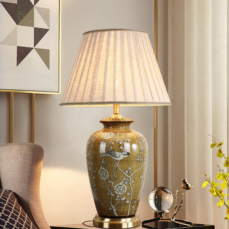 Retro Chinesische Keramik Leinenschirm Kupferbasis 1-Licht Tischlampe – BulbSquare