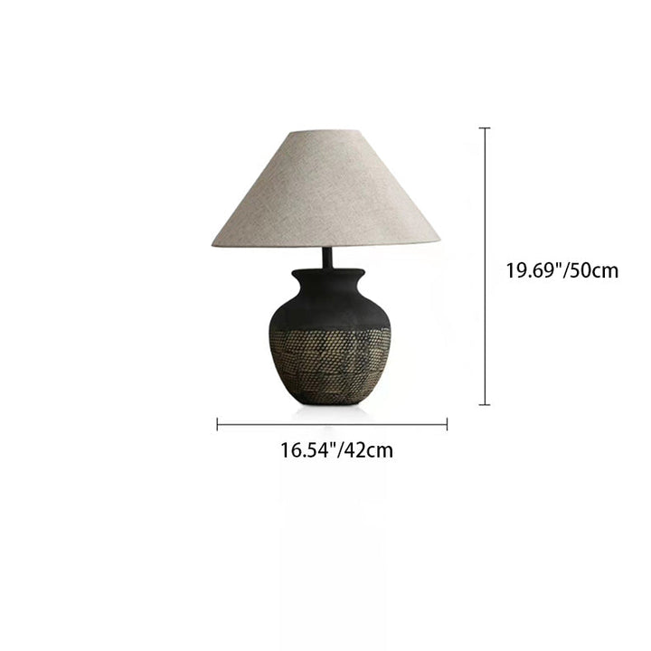 Traditional Japanese Cone Fabric Round Ceramic Jar Base 1-Light Table Lamp For Bedroom
