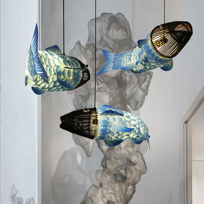 Traditioneller chinesischer Koi-Fisch-Eisen-PVC-Stoff-Kronleuchter mit 2/4 Lichtern für Esszimmer 