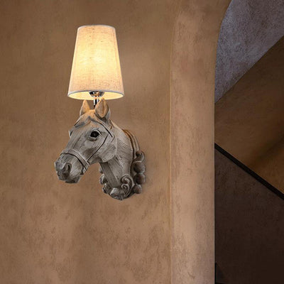 Vintage Rustic Resin Horse Head Fabric Lampshade 1-Light Wall Sconce Lamp