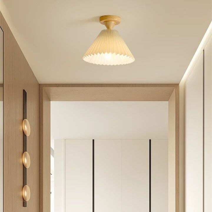 Traditionelle japanische Deckenleuchte aus plissiertem, konischem Stoff mit 1 Licht, halbbündige Montage für Wohnzimmer 