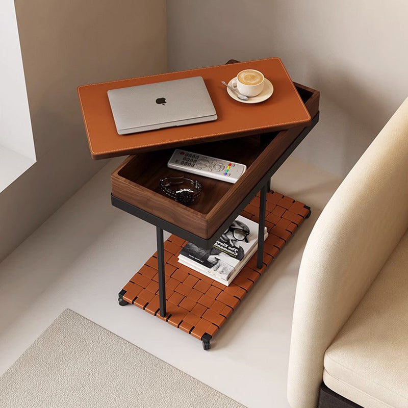 Moderner minimalistischer abnehmbarer rechteckiger Eisensattel Leder Massivholz Beistelltisch mit 1 Ablage für das Wohnzimmer 
