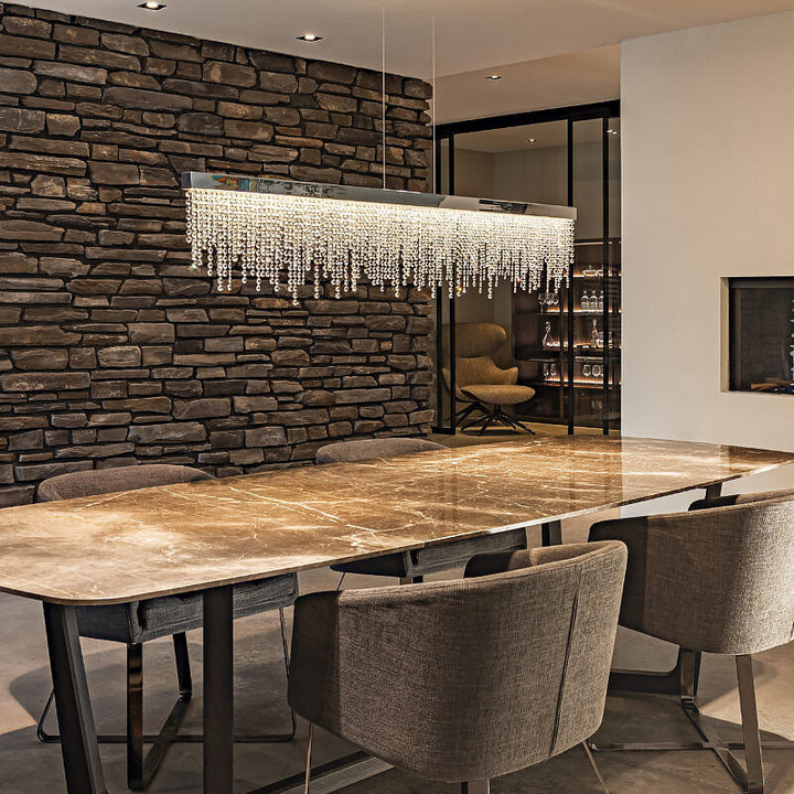 Lustre LED rectangulaire en acier inoxydable avec cristaux de luxe contemporain pour salle à manger 