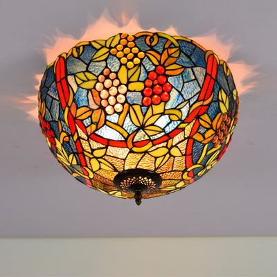 Tiffany Vintage Grape Decorative Stained Glass 5-Light Flush Mount Ceiling Light