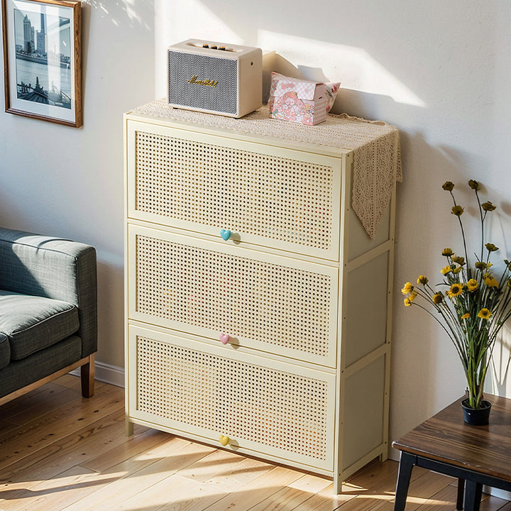 Armoire de rangement rectangulaire blanche en MDF bambou au design moderne et épuré, avec porte rabattable en rotin, 2 à 5 niveaux, pour salon et bureau 