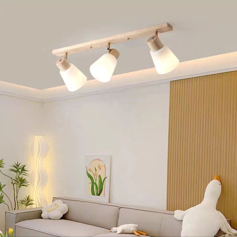 Traditional Vintage Rubberwood Glass Trumpet Shade 1/2/3/4-Light Semi-Flush Mount Ceiling Light For Living Room