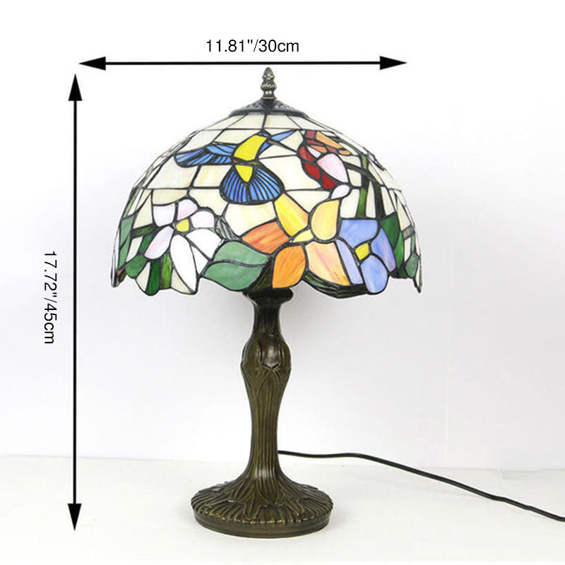 Lámpara de mesa de 1 luz con pantalla abombada de vidrio y aleación, estilo rústico floral Tiffany tradicional, para dormitorio 