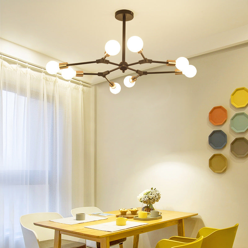 Lustre moderne du milieu du siècle à branches variables en fer avec abat-jour rond en verre à 6/8 lumières pour salon 