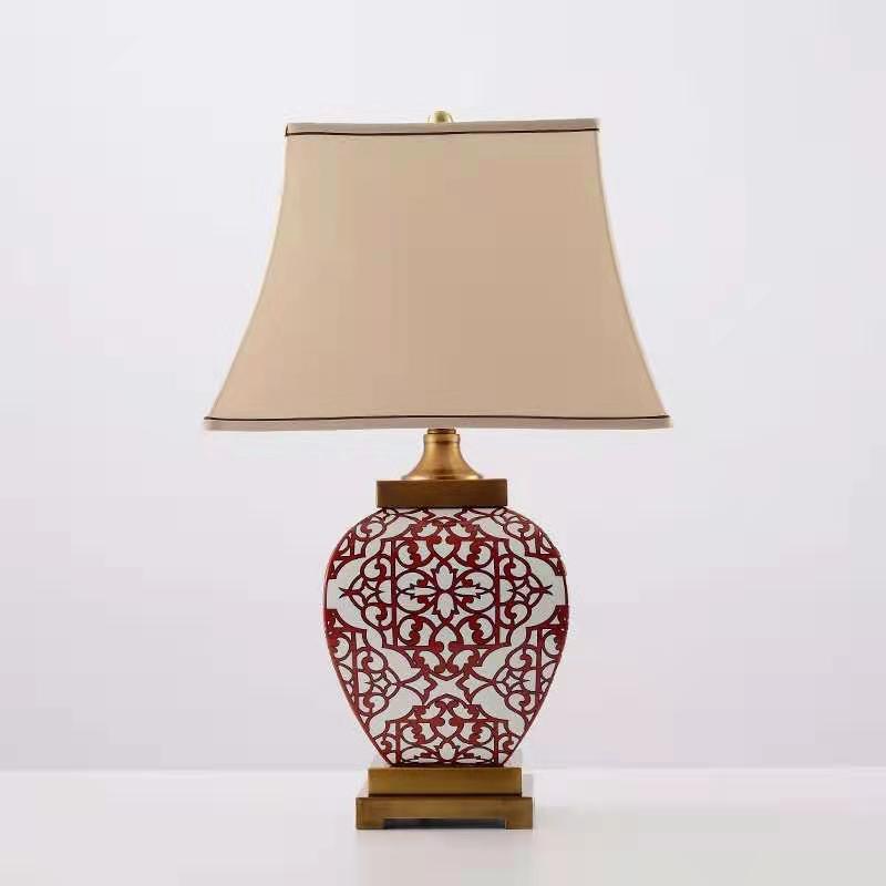 Traditional Chinese Cone Fabric Red Ceramic Jar Base 1-Light Table Lamp For Bedroom