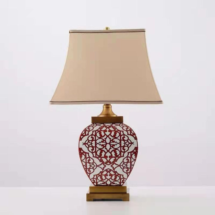 Traditional Chinese Cone Fabric Red Ceramic Jar Base 1-Light Table Lamp For Bedroom