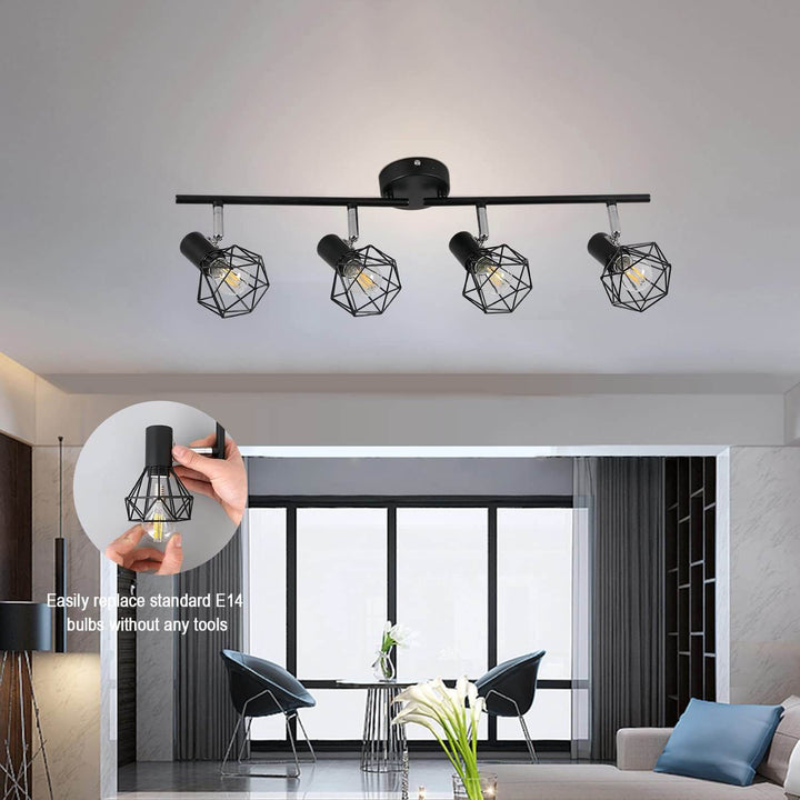 Contemporary Industrial Iron Cage Rotating 4-Light Semi-Flush Mount Ceiling Light For Living Room