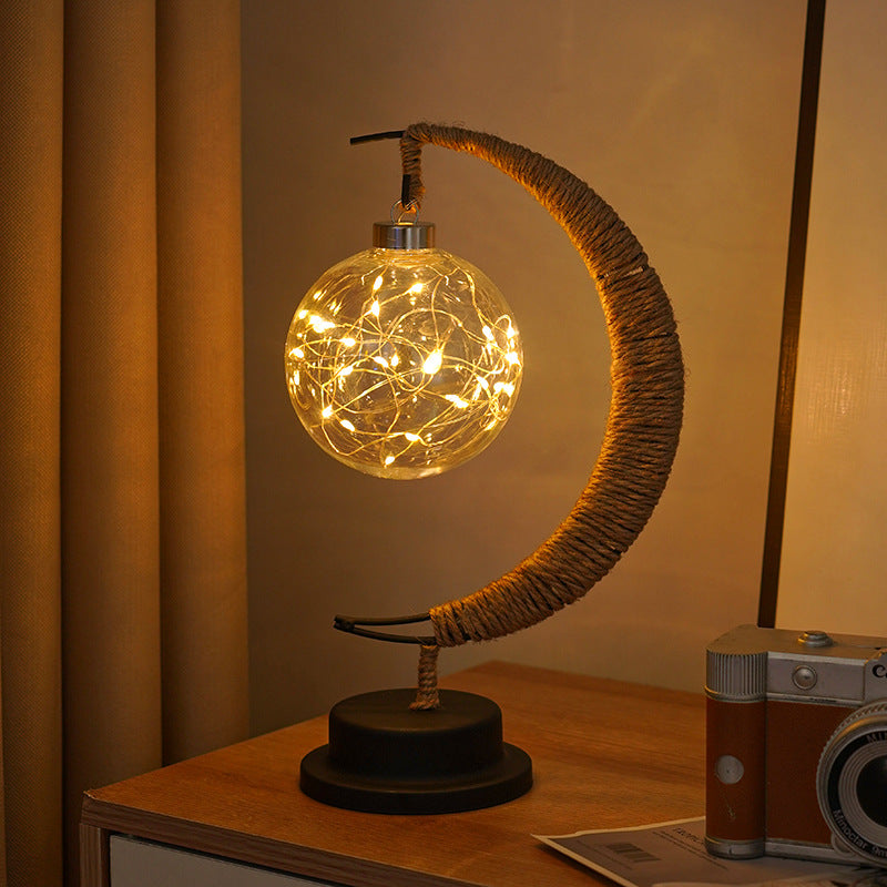 Moderne dekorative Mondkugel Sterne Eisen Kunststoff Rattan Batterie USB Tischlampe 