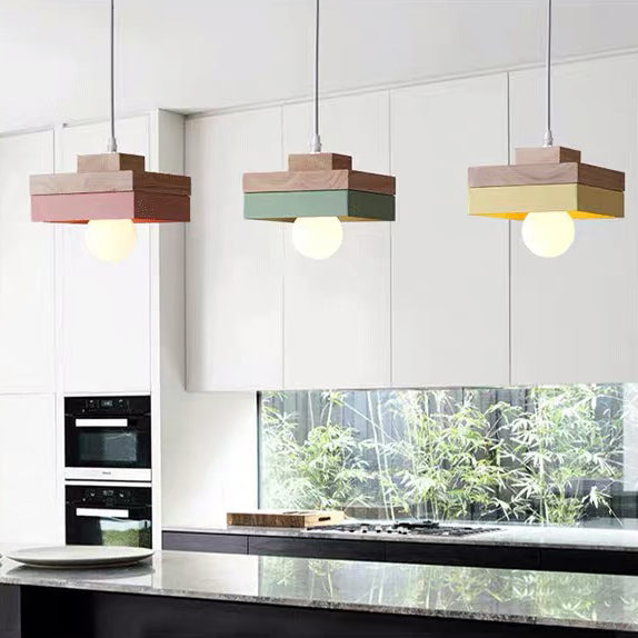 Moderne minimalistische Macaron Square Eisen Holz 1-Licht Pendelleuchte für Wohnzimmer 