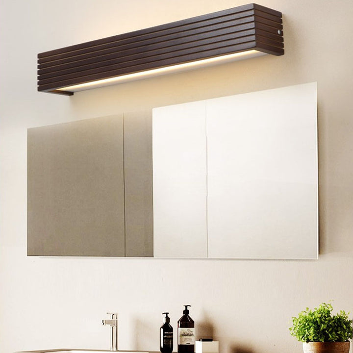 Traditional Japanese Striped Rectangular Wood LED Vanity Mirror Front Wall Sconce Lamp For Bedroom