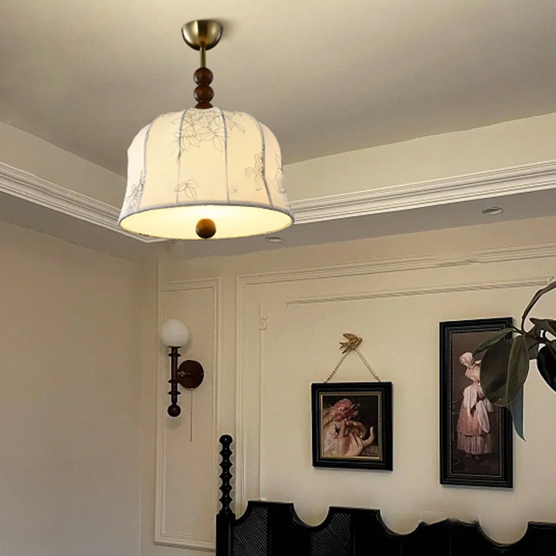Lámpara colgante de 1 luz de tela floral redonda romántica francesa tradicional de madera y metal para dormitorio 