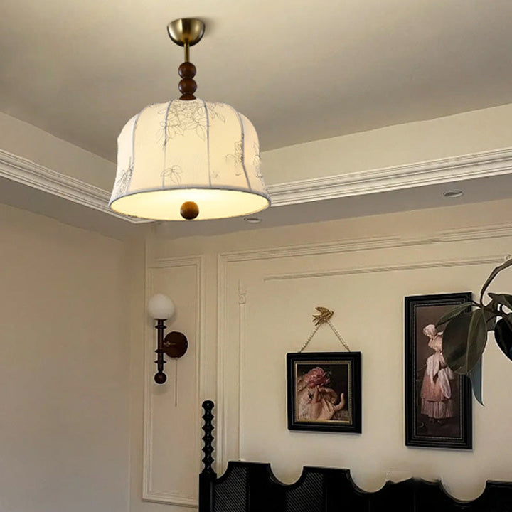 Lámpara colgante de 1 luz de tela floral redonda romántica francesa tradicional de madera y metal para dormitorio 