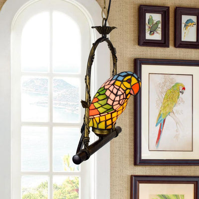 Traditional Tiffany Parrot Hardware Stained Glass 1-Light Pendant Light For Living Room